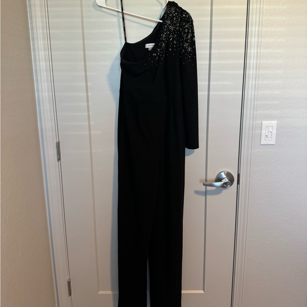 Calvin Klein Black One Shoulder Wide Leg Jumpsuit